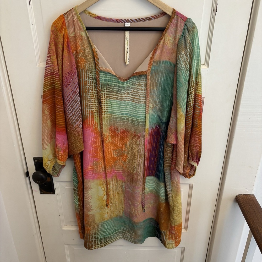 Uncle Frank Women's Colorful Watercolor Shift Balloon Sleeves Tie Neck Size L